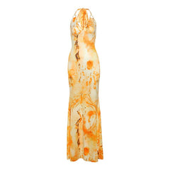 Halter self tie o ring print v neck slit maxi dress