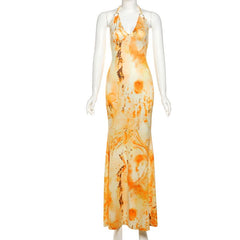 Halter self tie o ring print v neck slit maxi dress