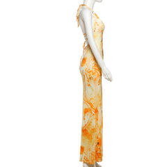 Halter self tie o ring print v neck slit maxi dress