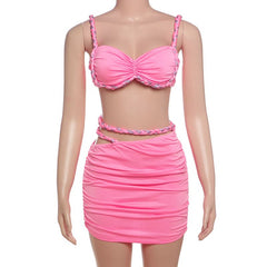 Ruched v neck hollow out cami mini skirt set