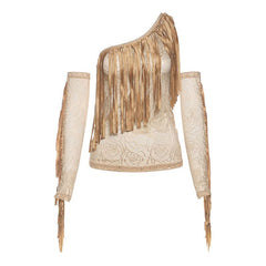 Irregular mesh gloves one shoulder print top