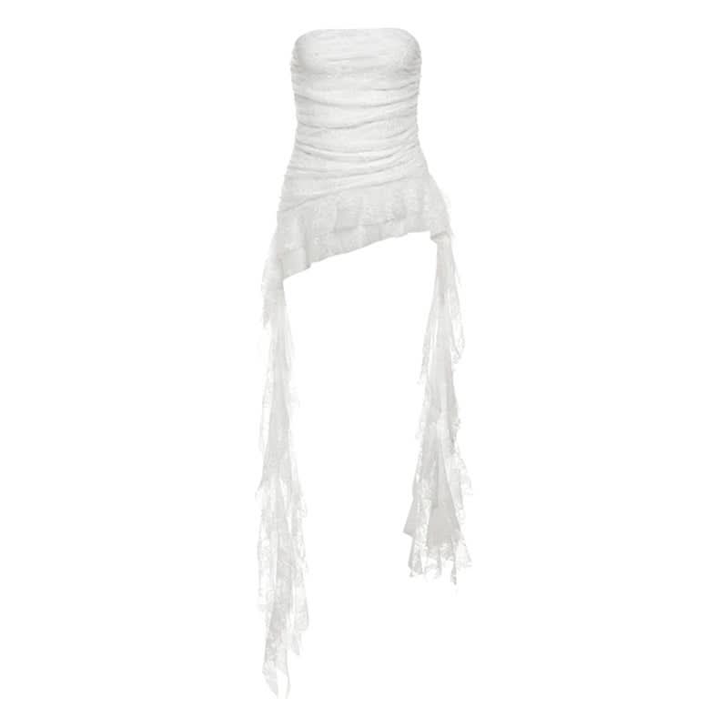 Ruched irregular lace backless tube top
