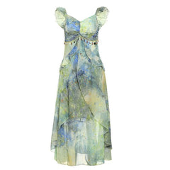 Ruched v neck ruffle print zip-up midi dress
