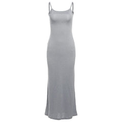 U neck ribbed solid backless cami maxi dress