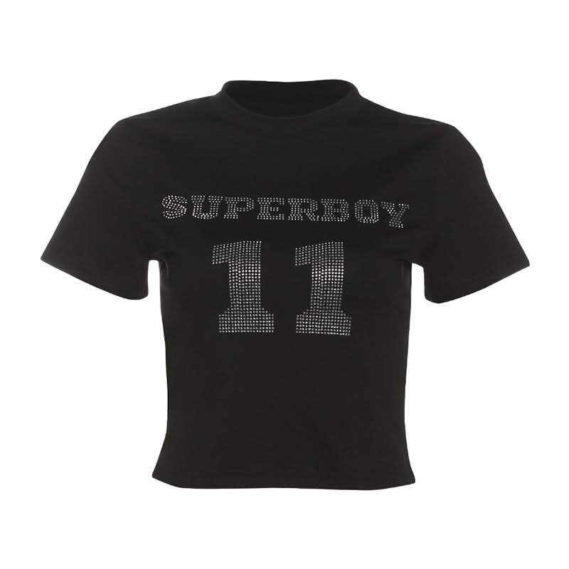 Short sleeve letter beaded crewneck top