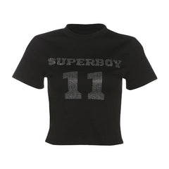 Short sleeve letter beaded crewneck top