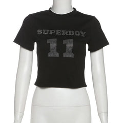 Short sleeve letter beaded crewneck top