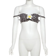 Leopard print flower applique off shoulder tube top