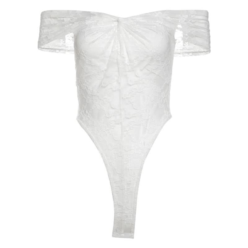 Off shoulder ruched lace button solid bodysuit