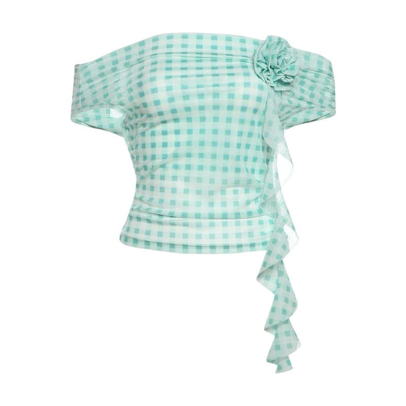 Plaid flower applique off shoulder mesh top
