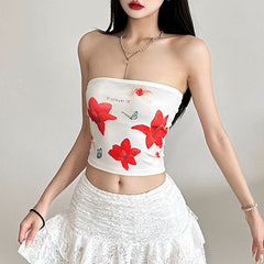 Flower print backless contrast tube top
