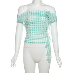 Plaid flower applique off shoulder mesh top
