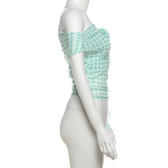 Plaid flower applique off shoulder mesh top