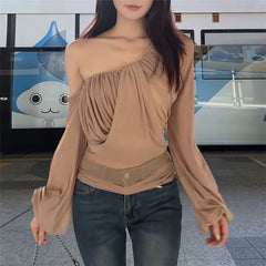 Long sleeve ruched one shoulder irregular top