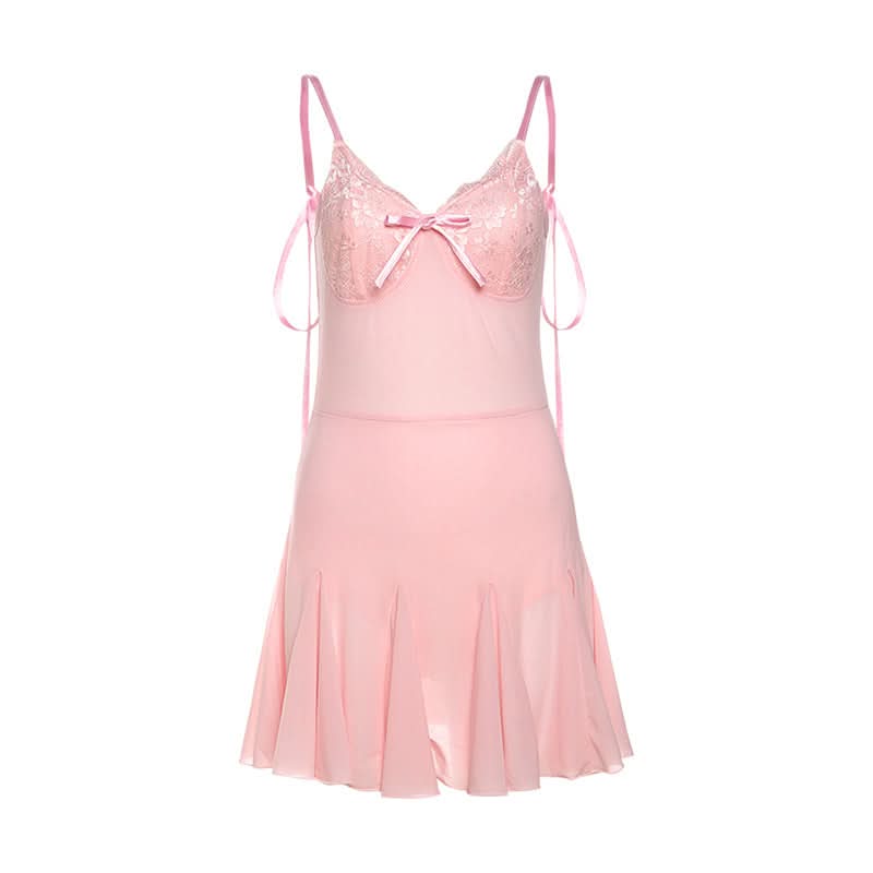 Bowknot v neck lace hem self tie cami mini dress