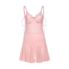 Bowknot v neck lace hem self tie cami mini dress
