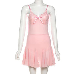 Bowknot v neck lace hem self tie cami mini dress