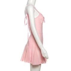 Bowknot v neck lace hem self tie cami mini dress