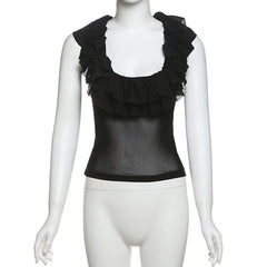 Ruffle u neck mesh sleeveless solid top