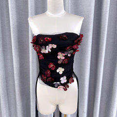 Flower applique backless corset tube top
