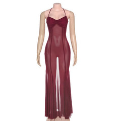 Mesh halter self tie v neck ruched maxi dress