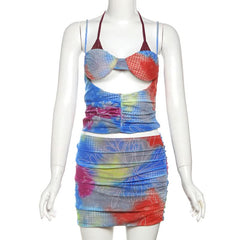 Hollow out ruched mesh print halter mini skirt set