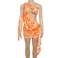 Irregular hollow out print one shoulder cut out mini dress