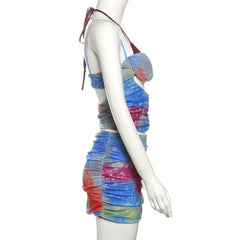 Hollow out ruched mesh print halter mini skirt set