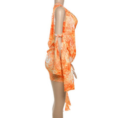 Irregular hollow out print one shoulder cut out mini dress