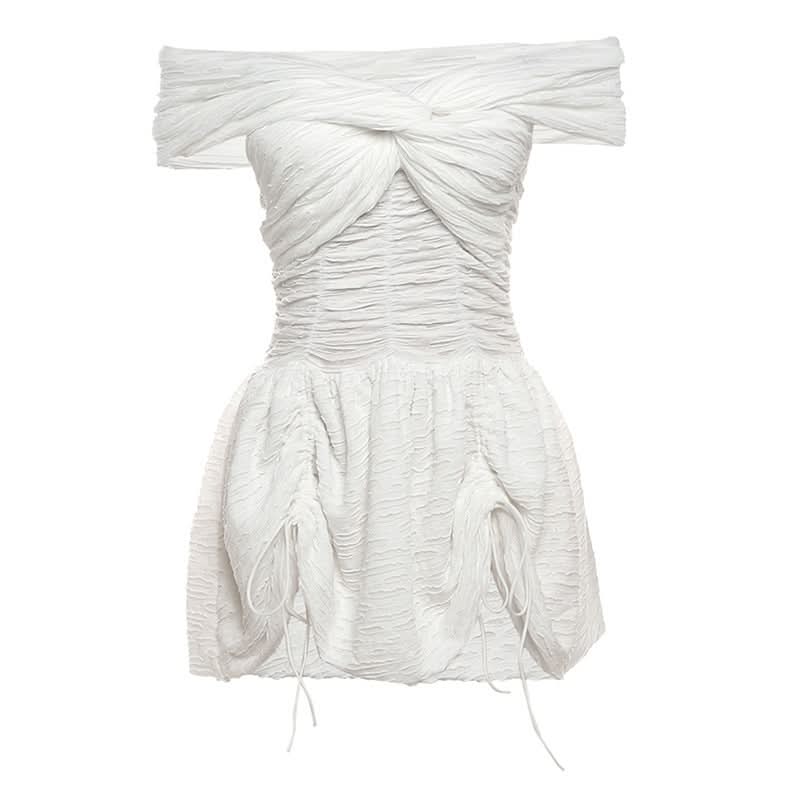 Off shoulder ruched drawstring solid mini dress