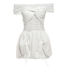 Off shoulder ruched drawstring solid mini dress