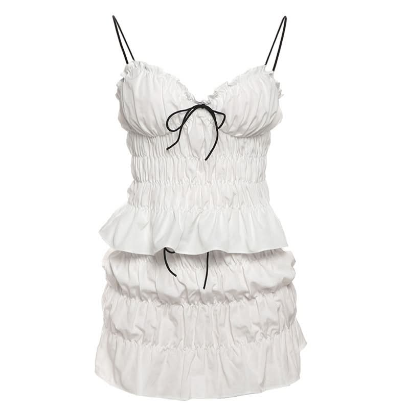 Ruffle v neck ruched spaghetti strap mini skirt set