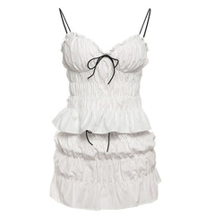 Ruffle v neck ruched spaghetti strap mini skirt set