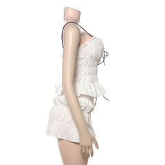 Ruffle v neck ruched spaghetti strap mini skirt set