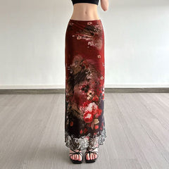 Contrast print mesh maxi skirt