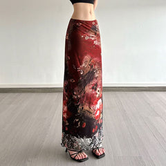 Contrast print mesh maxi skirt