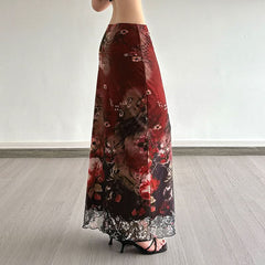 Contrast print mesh maxi skirt