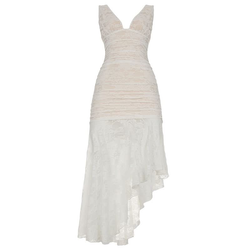 V neck lace ruched midi dress