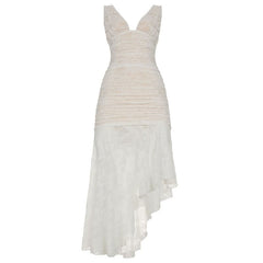 V neck lace ruched midi dress