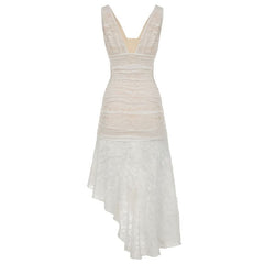 V neck lace ruched midi dress