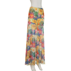 Flower print contrast mesh maxi skirt