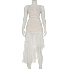 V neck lace ruched midi dress
