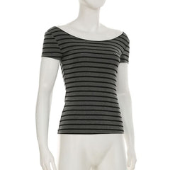 Striped print off shoulder short sleeve top