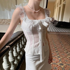 Bowknot lace hem ruffle square neck top