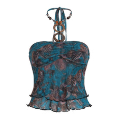 Contrast o ring ruffle halter beaded top
