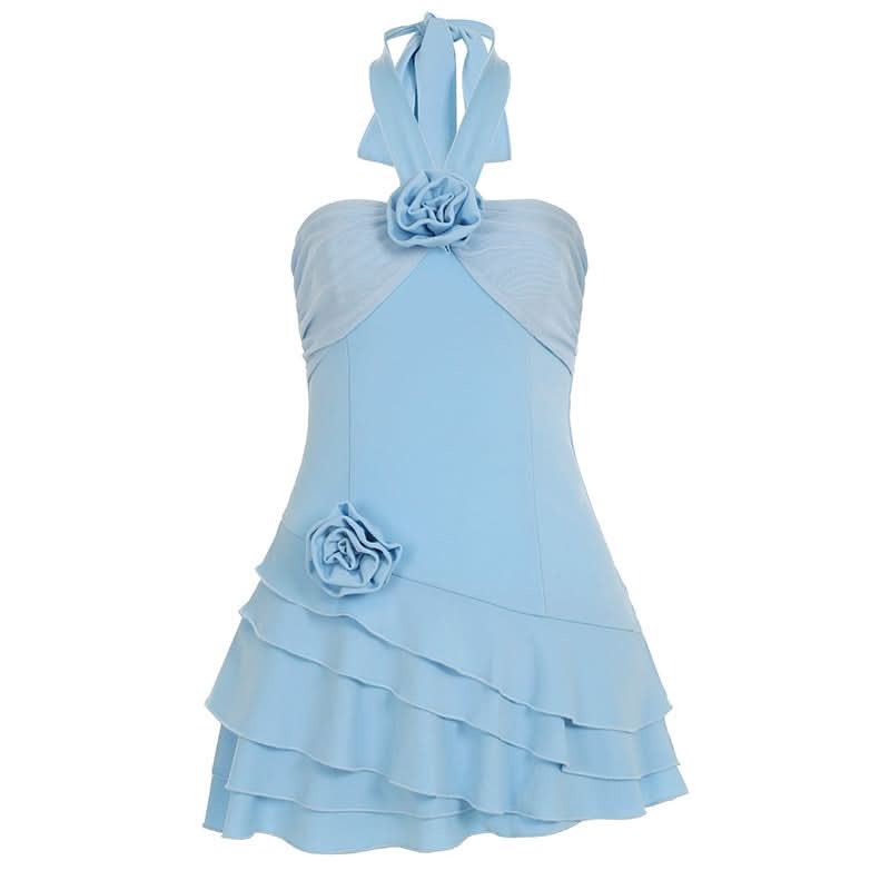 Halter flower applique ruffle mini dress