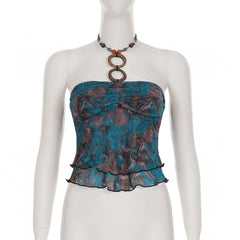 Contrast o ring ruffle halter beaded top