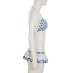 Plaid halter ruffle padded short pant set