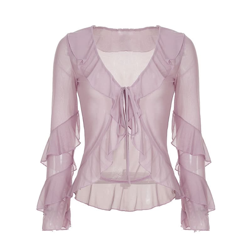 Long sleeve v neck ruffle mesh self tie top