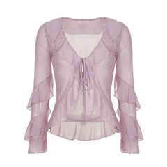 Long sleeve v neck ruffle mesh self tie top
